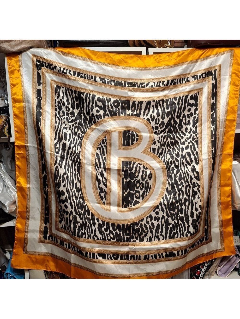 Luxury Gold and Black "B" Initial Animal Print Silky Poly Scarf 34"